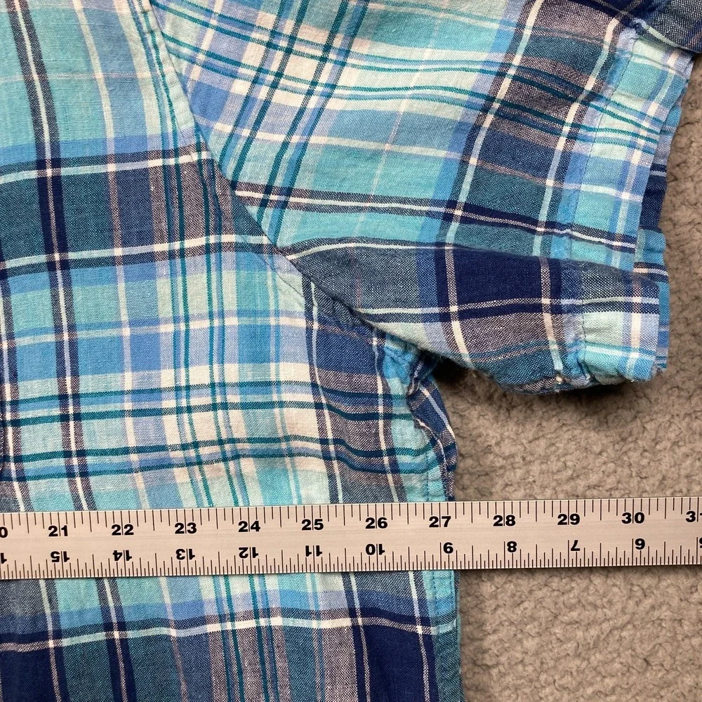 LL Bean Linen Button Shirt Mens XXL Tall Blue Plaid Short Sleeve Slightly Fitted